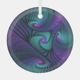 Purple Meets Turquoise Modern Abstract Fractal Art Glass Ornament