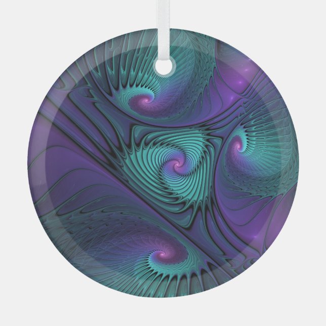 Purple Meets Turquoise Modern Abstract Fractal Art Glass Ornament (Front)