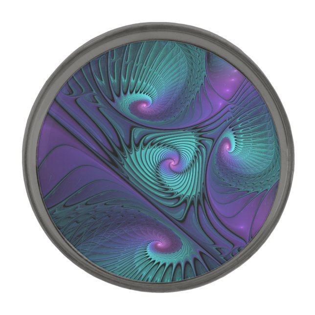 Purple meets Turquoise modern abstract Fractal Art Gunmetal Finish Lapel Pin (Front)