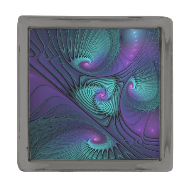 Purple meets Turquoise modern abstract Fractal Art Gunmetal Finish Lapel Pin (Front)