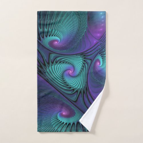 Purple meets Turquoise modern abstract Fractal Art Hand Towel