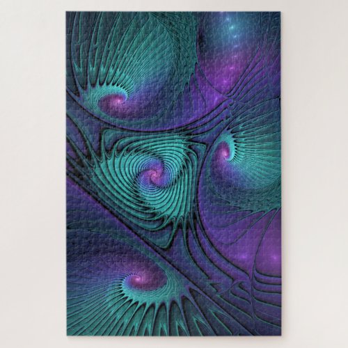 Purple meets Turquoise modern abstract Fractal Art Jigsaw Puzzle