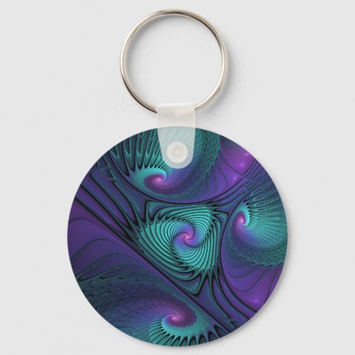 Purple Meets Turquoise Modern Abstract Fractal Art Keychain