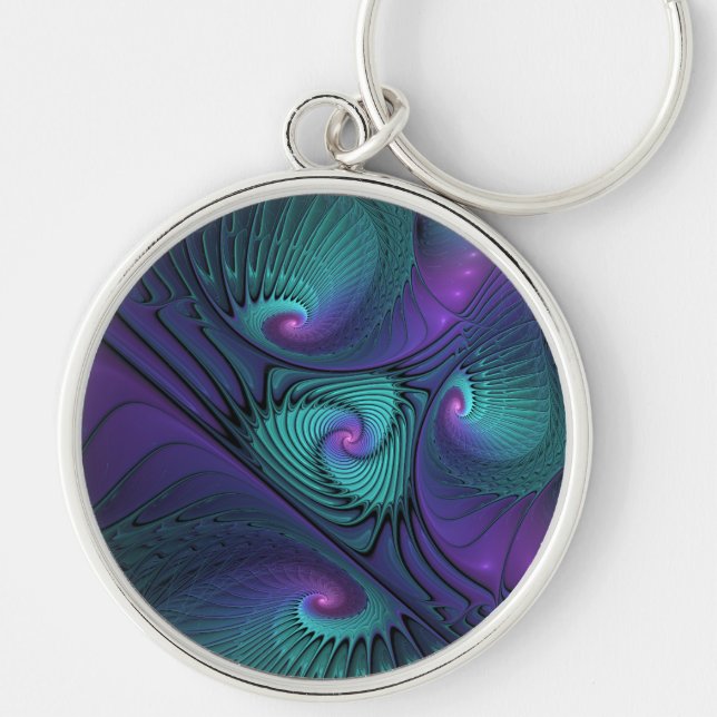 Purple Meets Turquoise Modern Abstract Fractal Art Keychain (Front)