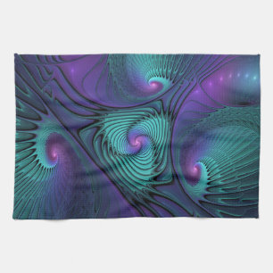 Purple meets Turquoise modern abstract Fractal Art Kitchen Towel