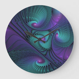 Purple Meets Turquoise Modern Abstract Fractal Art Large Clock