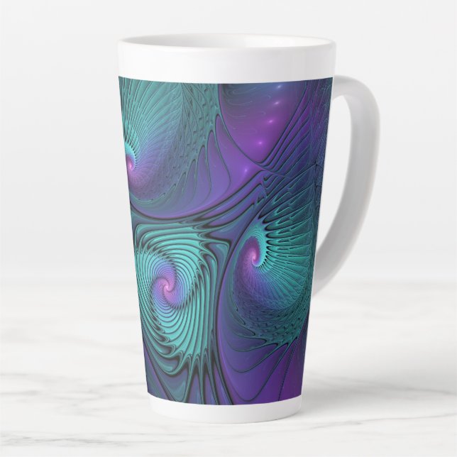 Purple Meets Turquoise Modern Abstract Fractal Art Latte Mug (Right Angle)