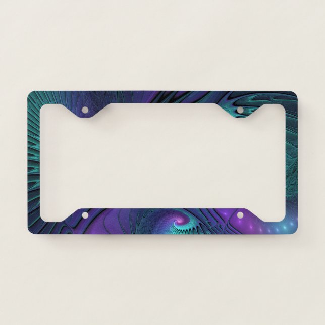 Purple Meets Turquoise Modern Abstract Fractal Art License Plate Frame (Front)