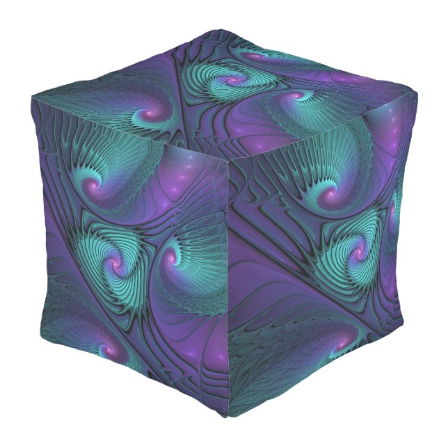 Purple meets Turquoise modern abstract Fractal Art Outdoor Pouf (Angled Front)