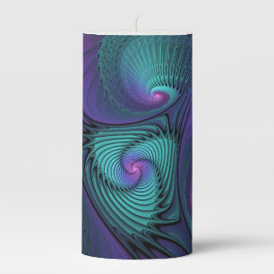 Purple meets Turquoise modern abstract Fractal Art Pillar Candle
