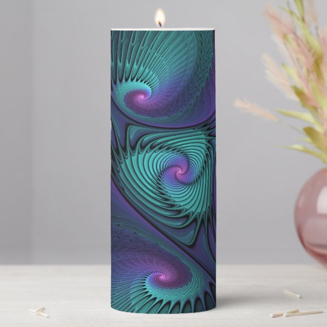 Purple Meets Turquoise Modern Abstract Fractal Art Pillar Candle (In Situ)