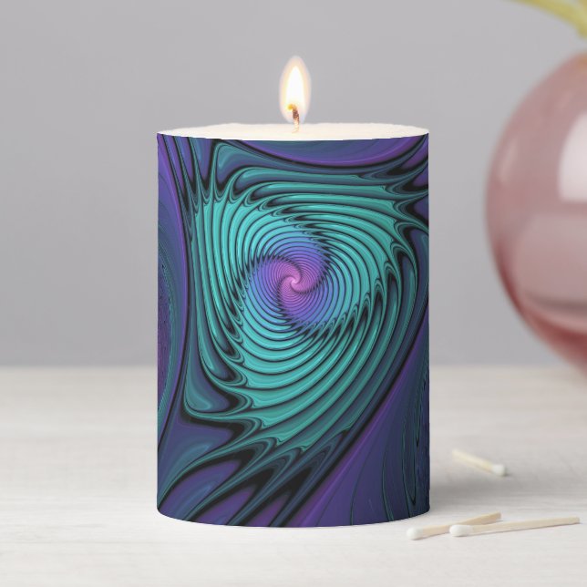 Purple meets Turquoise modern abstract Fractal Art Pillar Candle (In Situ)