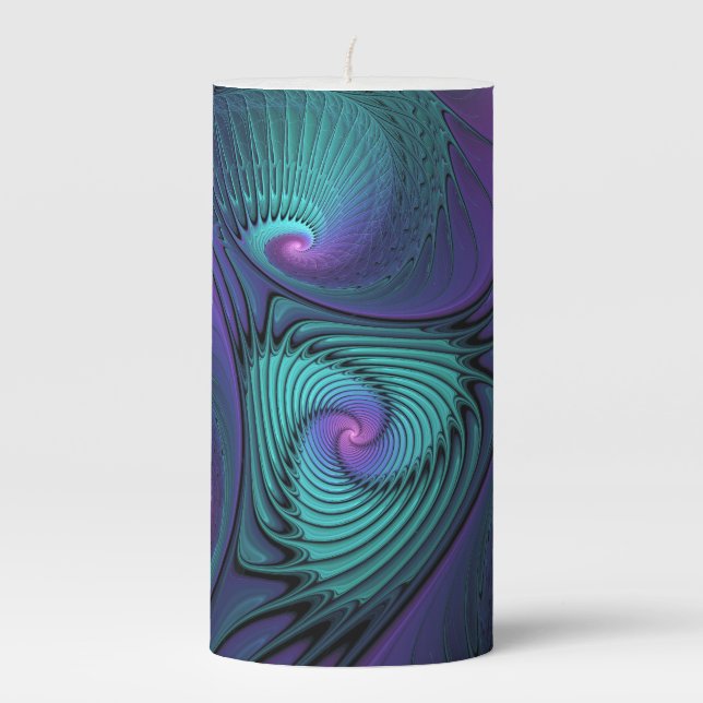 Purple meets Turquoise modern abstract Fractal Art Pillar Candle (Front)
