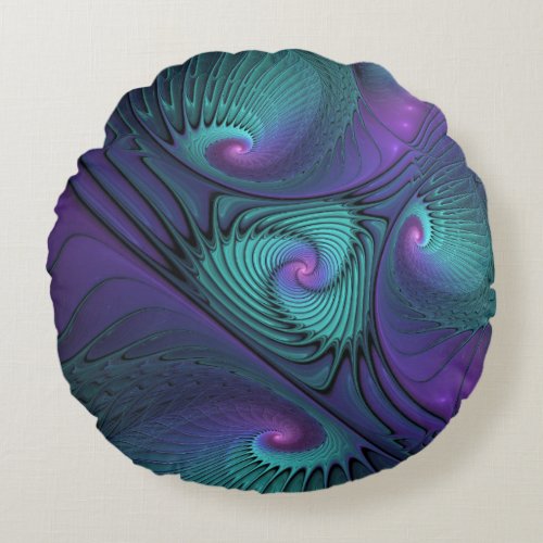 Purple meets Turquoise modern abstract Fractal Art Round Pillow