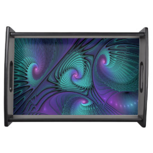 Purple meets Turquoise modern abstract Fractal Art Serving Tray