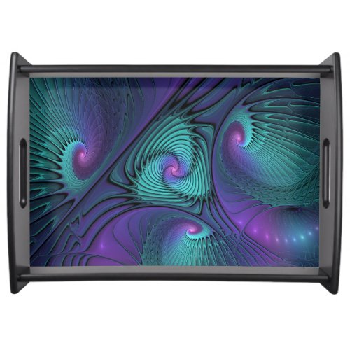 Purple Meets Turquoise Modern Abstract Fractal Art Serving Tray