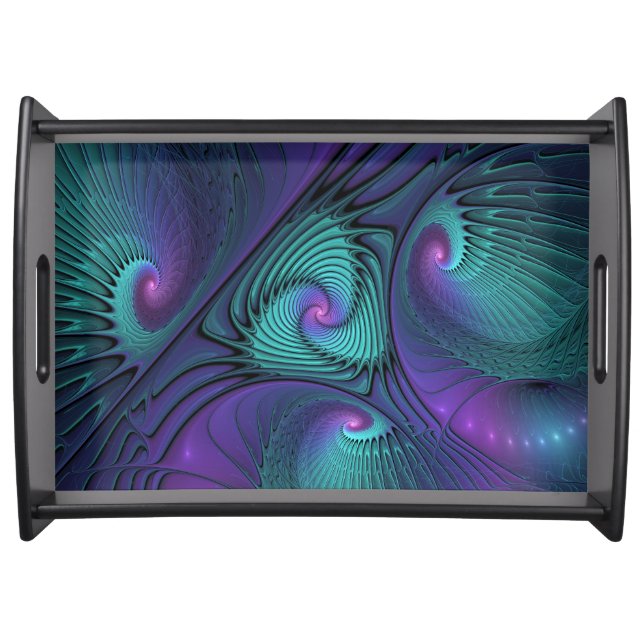 Purple Meets Turquoise Modern Abstract Fractal Art Serving Tray (Front)