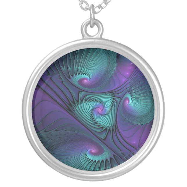 Purple Meets Turquoise Modern Abstract Fractal Art Silver Plated Necklace (Front)