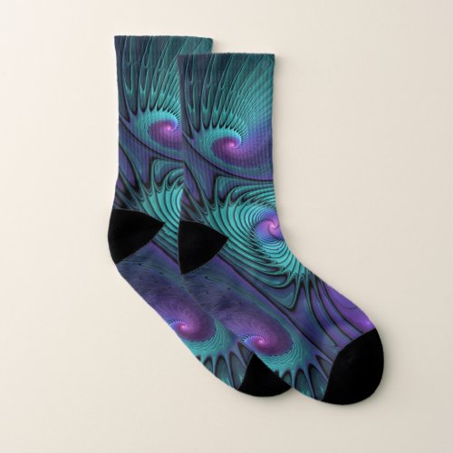 Purple Meets Turquoise Modern Abstract Fractal Art Socks