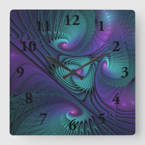 Purple meets Turquoise modern abstract Fractal Art Square Wall Clock