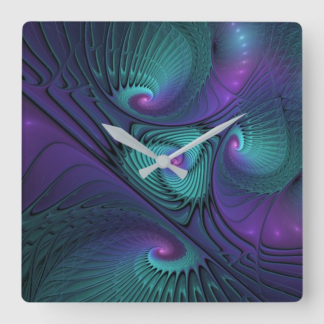 Purple meets Turquoise modern abstract Fractal Art Square Wall Clock (Front)