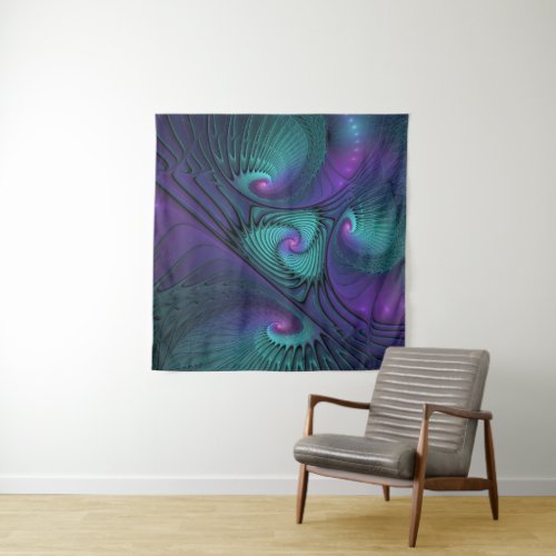 Purple meets Turquoise modern abstract Fractal Art Tapestry