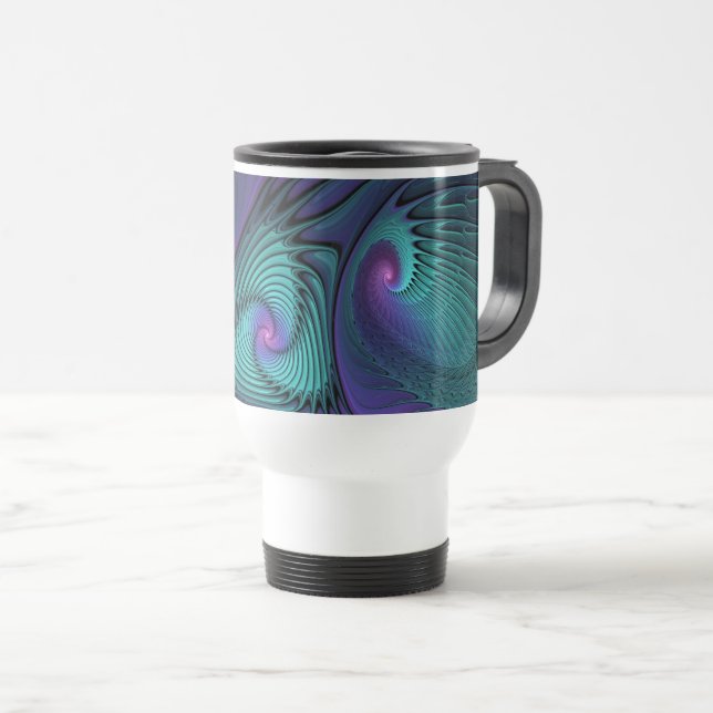 Purple meets Turquoise modern abstract Fractal Art Travel Mug (Front Right)