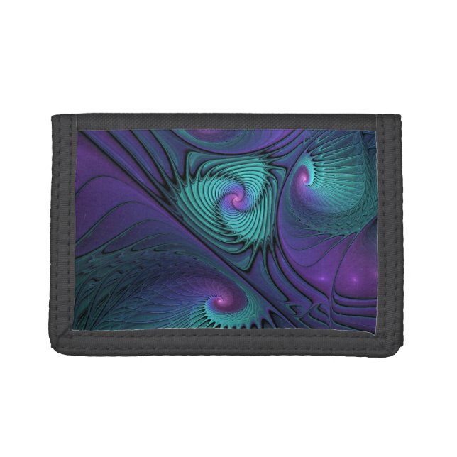 Purple meets Turquoise modern abstract Fractal Art Trifold Wallet (Front)