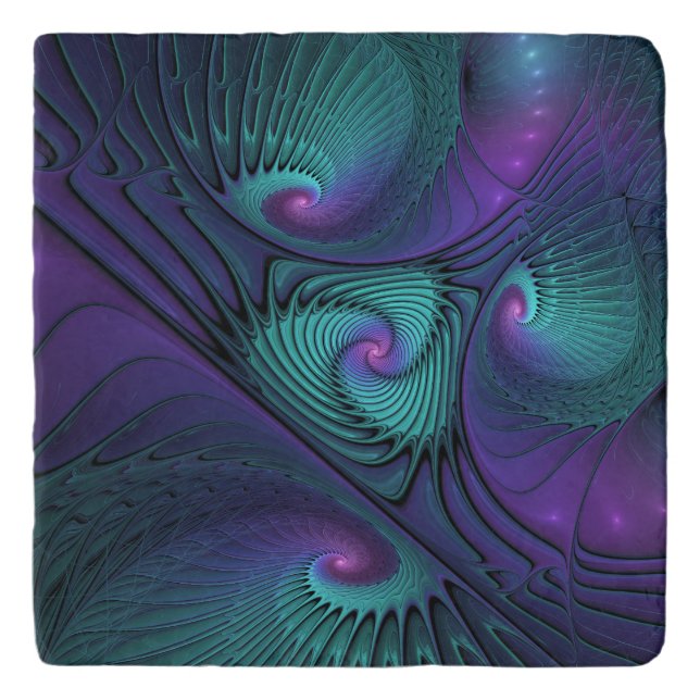 Purple Meets Turquoise Modern Abstract Fractal Art Trivet (Front)