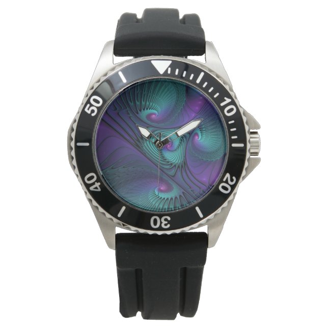 Purple Meets Turquoise Modern Abstract Fractal Art Watch (Front)