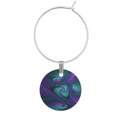 Purple Meets Turquoise Modern Abstract Fractal Art Wine Charm