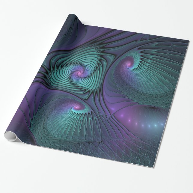 Purple meets Turquoise modern abstract Fractal Art Wrapping Paper (Unrolled)