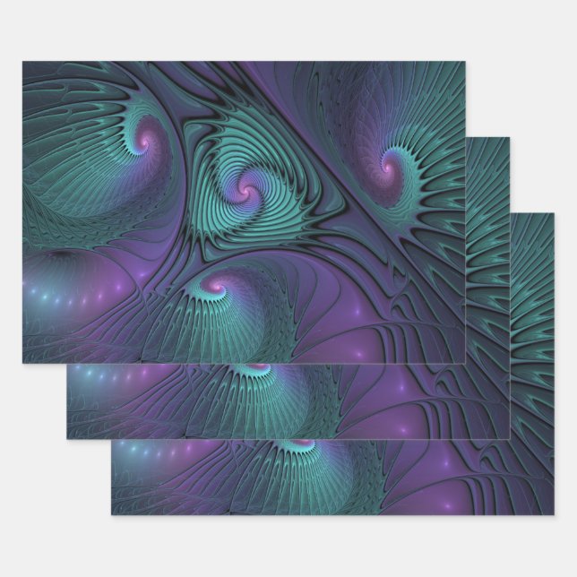 Purple meets Turquoise modern abstract Fractal Art Wrapping Paper Sheets (Set)