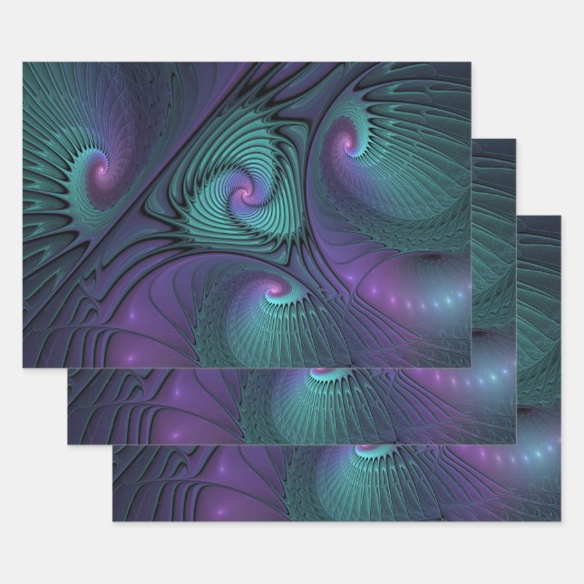Purple meets Turquoise modern abstract Fractal Art Wrapping Paper Sheets (Set)