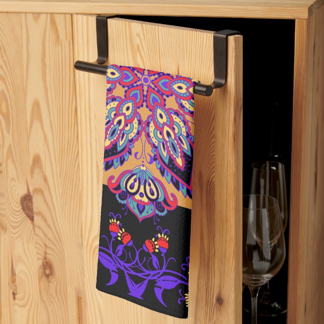 Purple Mehndi Floral Artwork, Violet Nature Kitchen Towel (Thirds Fold)