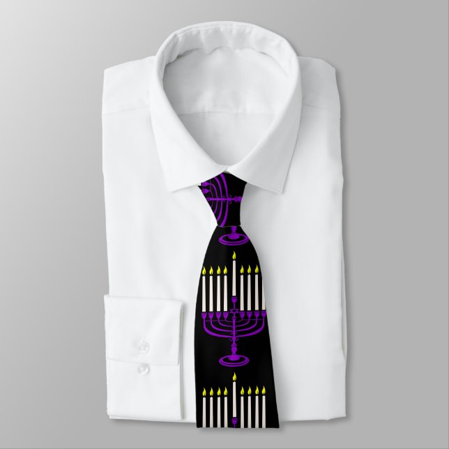 purple menorah hanukkah neck tie (Tied)