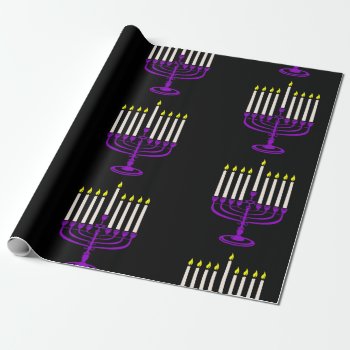 Purple Menorah Hanukkah Wrapping Paper by funnychristmas at Zazzle
