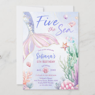 Purple Mermaid 5th Birthday Five the Sea Invitation