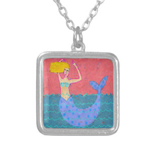 Purple Mermaid Abstract Art to Wear Silver Plated Necklace