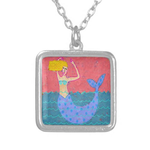 Purple Mermaid Abstract Art to Wear Silver Plated Necklace