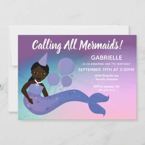 Purple Mermaid African American Birthday Party Invitation