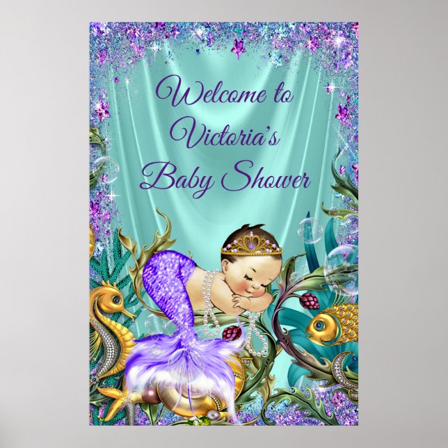 Purple Mermaid Baby Shower Welcome Sign (Front)