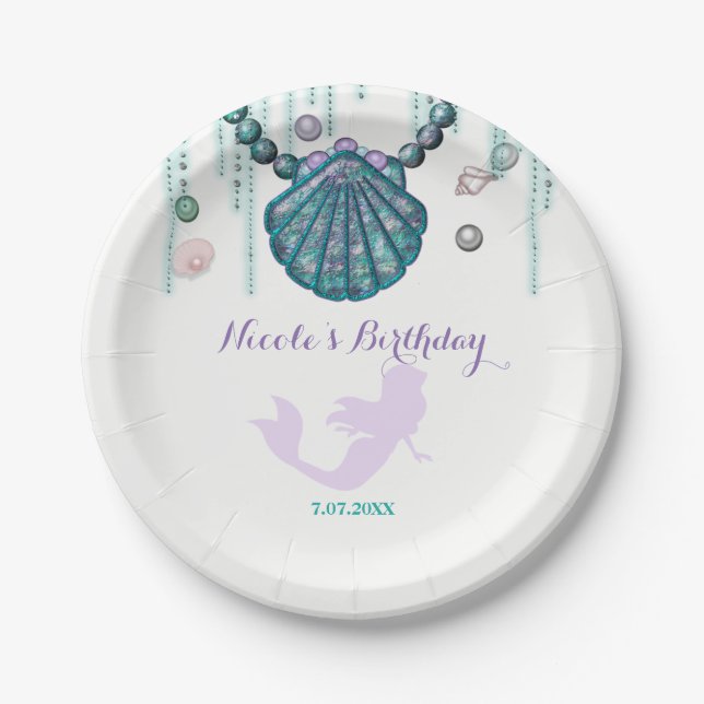 Purple Mermaid Beach Bling Birthday Party Custom Paper Plates (Front)