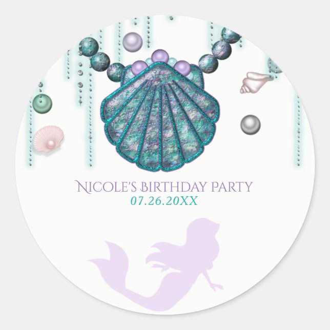 Purple Mermaid Beach Bling Birthday Party Favor Classic Round Sticker (Front)