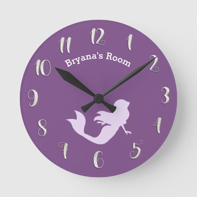 Purple Mermaid Bedroom Personalized Custom Name Round Clock (Front)