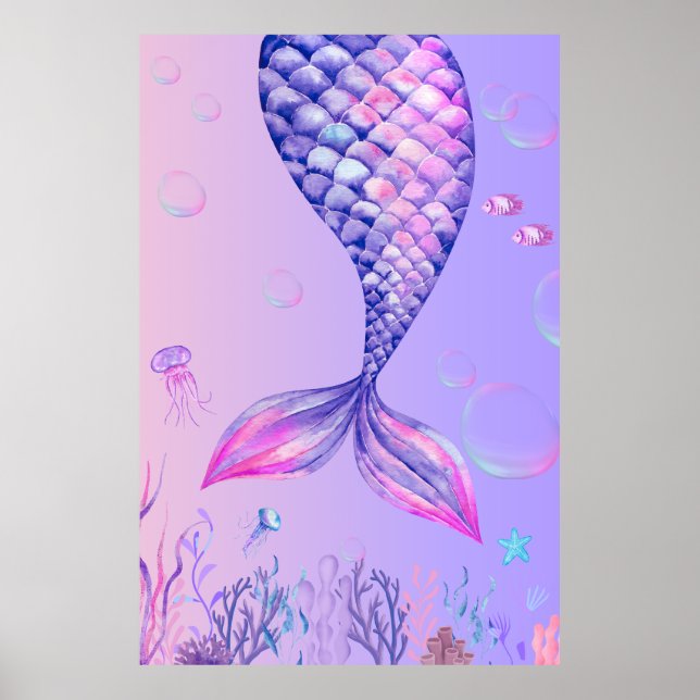 Purple Mermaid Bedroom Wall Art Poster (Front)