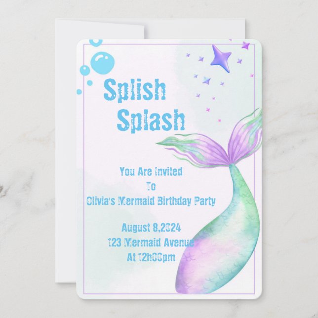 Purple mermaid birthday invitation  (Front)