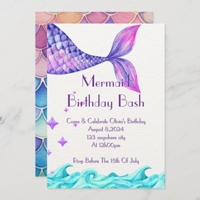 Purple mermaid birthday invitation  (Front/Back)