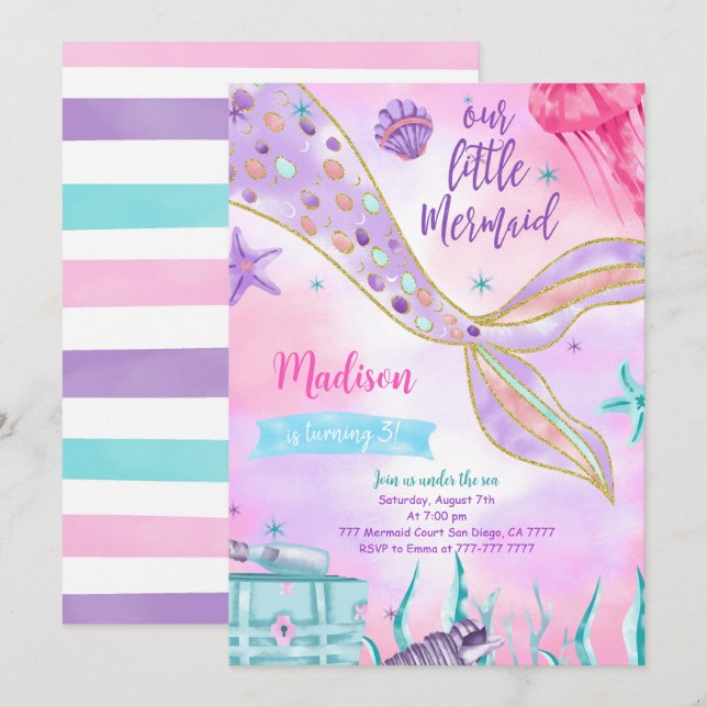Purple Mermaid Birthday Invitation (Front/Back)