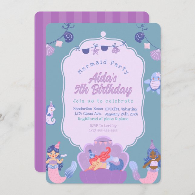 Purple Mermaid Birthday Invitation (Front/Back)